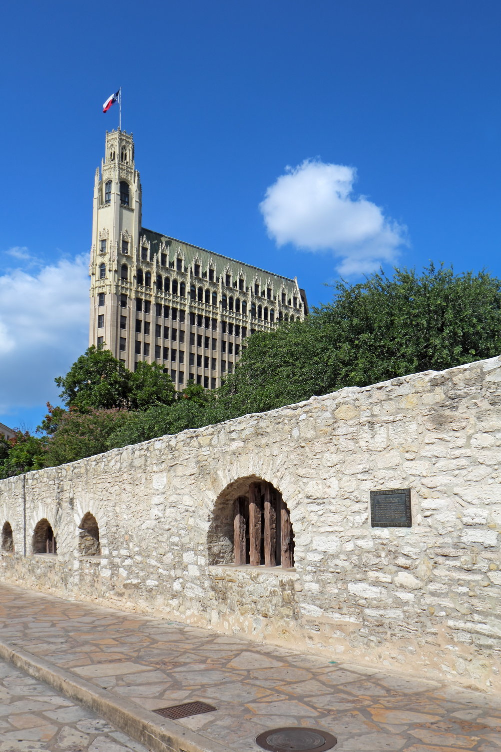 Wall of the Alamo and Emily Morgan Hotel